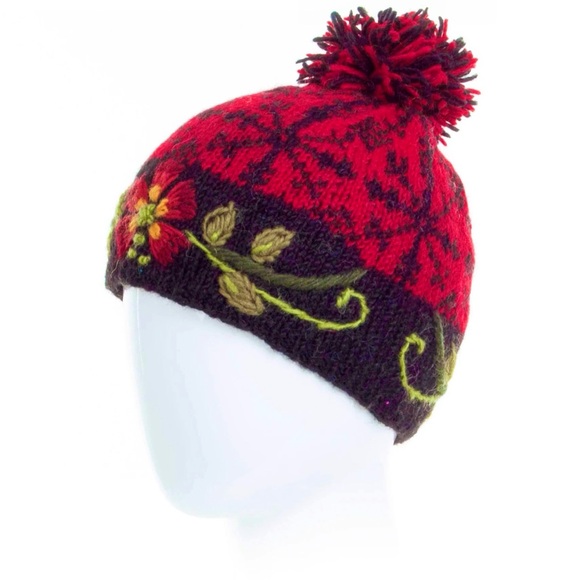 Lost Horizons Accessories - Lost Horizons Eleanor Beanie Hand-Knit Wool Fleece Lined Hat Floral Embroidery